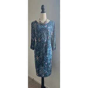 Boden Floral Blue Pink Black Tie Waist 3/4 Sleeve Boat Neck Zip Midi Dress 16